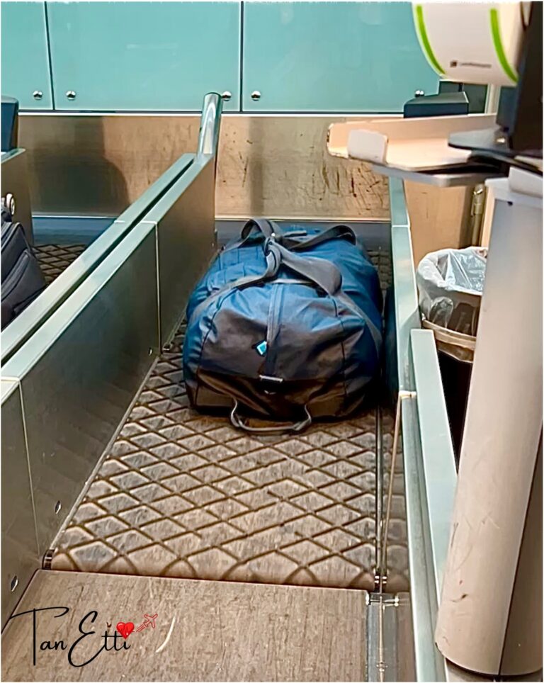 Unsere Eagle Creek Rolltasche auf dem Check-In Band